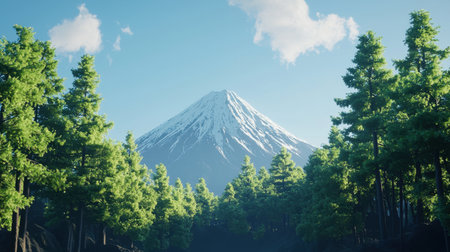 Ultra-detailed 3D Mount Fuji, surrounded by lush green forests under a clear blue sky.の素材