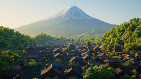 Ultra-detailed 3D Mount Fuji, with traditional Japanese houses nestled in the valley.の素材