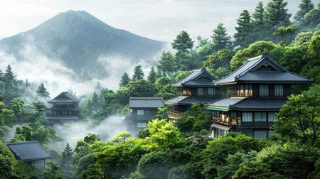 Ultra-detailed 3D Mount Fuji, with traditional Japanese houses nestled in the valley.の素材