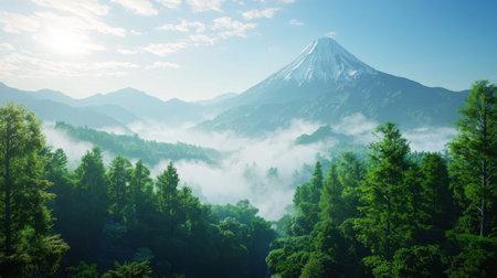Ultra-detailed 3D Mount Fuji, with rolling mist wrapping around its lower slopes.の素材