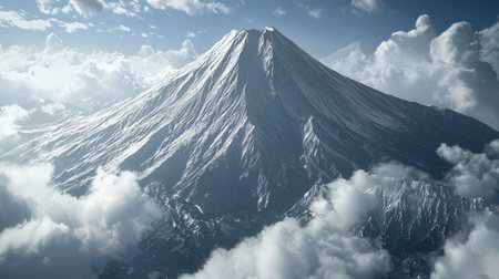 Photorealistic 3D Mount Fuji, covered in deep winter snow, with dramatic lighting.の素材