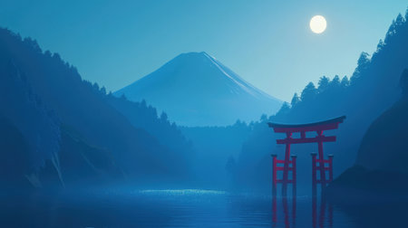 Stunning 3D Mount Fuji, with a bright red torii gate in the foreground.の素材