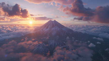 Realistic 3D Mount Fuji, glowing pink under the first light of dawnの素材