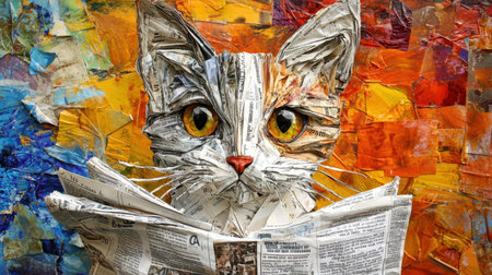 Artistic close-up of a newspaper-folded cat sculpture, set against a high-contrast colorful abstract background, ultra-detailed realismの素材