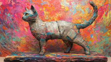 Artistic cat sculpture made of newspaper folds, dynamic abstract background bursting with color, photorealistic textures, rich lightingの素材