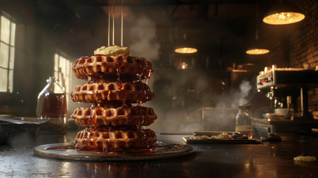 4-waffle tower, dripping syrup catching light, butter melting, deep shadows, rich contrast, ultra-realistic reflections, dark studio settingの素材