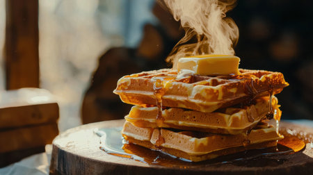 4 golden waffles stacked neatly, syrup cascading down the sides, warm butter melting, cinematic depth, ultra-detailed realism, dark backgroundの素材