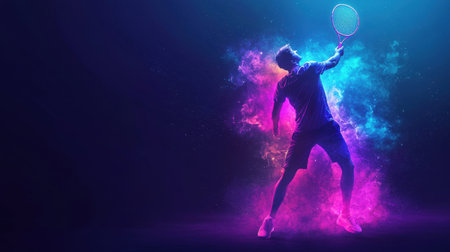 Badminton player with a glowing racket, abstract motion effects, electric neon colors, dark background, high-energy compositionの素材