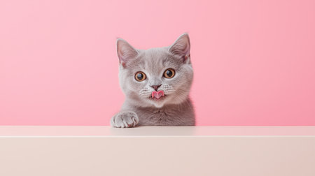 A cute British Shorthair cat, curious and playful, licking its lips while peeking over a cream table, soft pastel background, high detailの素材