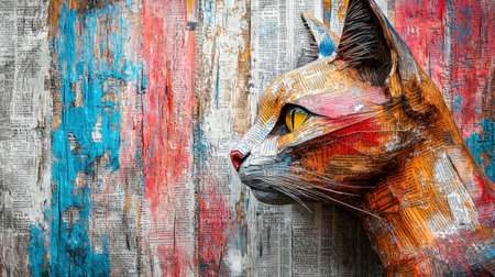 Artistic cat sculpture crafted from newspaper folds, vivid abstract backdrop, sharp textures, deep contrast, highly detailed close-up portraitの素材