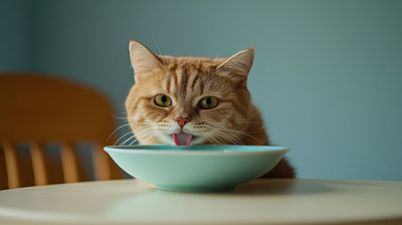 A cute British Shorthair cat, curious and playful, licking its lips while peeking over a cream table, soft pastel background, high detailの素材