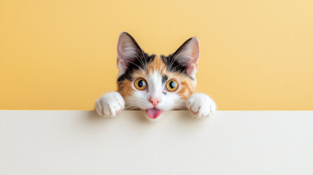Adorable British Shorthair cat peeking over a cream table, tongue out, hungry and curious, calico fur, amber eyes, soft pastel backgroundの素材