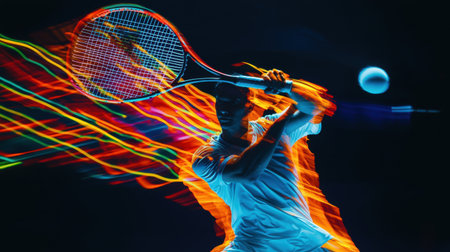 Abstract badminton motion, glowing racket and player silhouette, neon colors, light streaks, high contrast backgroundの素材