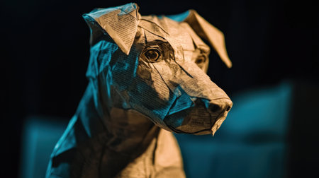 Close-up of a dog sculpture crafted from folded newspaper, vibrant abstract backdrop, deep lighting contrast, striking texturesの素材