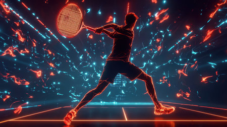 Abstract badminton motion, glowing athlete and racket, neon energy swirls, digital light streaks, dark futuristic backgroundの素材