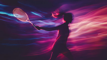 Abstract badminton motion, glowing racket and player silhouette, neon colors, light streaks, high contrast backgroundの素材