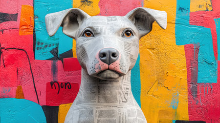 Artistic close-up of a newspaper-folded dog sculpture, set against a high-contrast colorful abstract background,の素材
