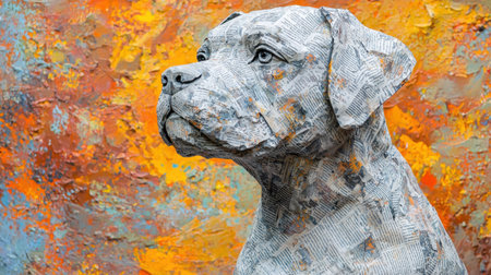 Artistic dog sculpture crafted from newspaper folds, vivid abstract backdrop, sharp textures, deep contrast, highly detailed close-up portraitの素材