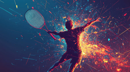 Abstract badminton motion, glowing racket and player silhouette, neon colors, light streaks, high contrast backgroundの素材