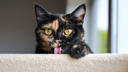 A cute British Shorthair cat with calico fur and amber eyes, sticking its tongue out, peeking over a cream table, soft pastel background, hungry expressionの素材