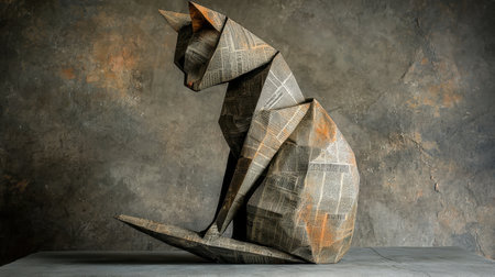Artistic cat sculpture made of newspaper folds, dynamic abstract background bursting with color, photorealistic textures, rich lightingの素材