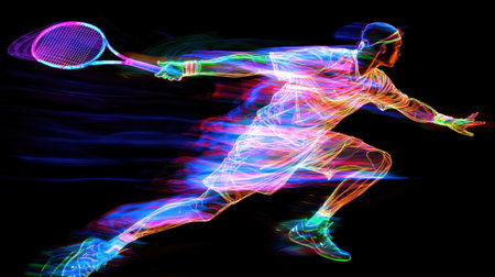 Badminton athlete glowing with neon outlines, digital motion blur, racket swing captured in vibrant light streaks, deep black backgroundの素材