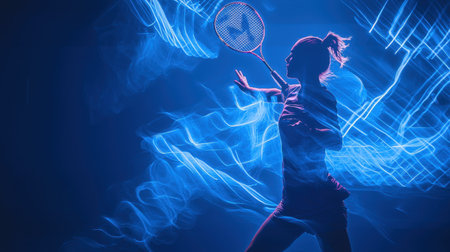 Abstract badminton motion, glowing athlete and racket, neon energy swirls, digital light streaks, dark futuristic backgroundの素材