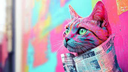 Artistic close-up of a newspaper-folded cat sculpture, set against a high-contrast colorful abstract background, ultra-detailed realismの素材