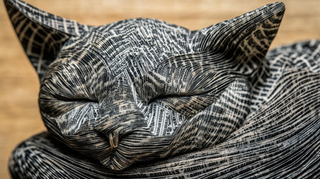 Close-up cat sculpture folded from newspaper, sharp detailed textures, vivid abstract backdrop, powerful artistic lighting, photorealisticの素材