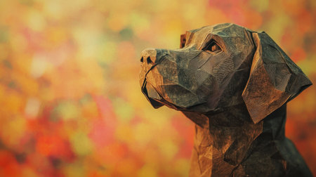Close-up portrait of a paper-folded dog sculpture, ultra-detailed textures, vivid colors in abstract background, realistic lightingの素材