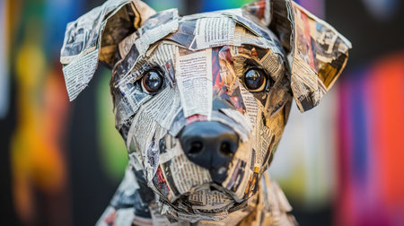 Artistic newspaper dog sculpture, close-up photography, immersive lighting, rich colors in abstract background, highly detailedの素材