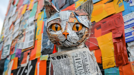 Artistic close-up of a newspaper-folded cat sculpture, set against a high-contrast colorful abstract background, ultra-detailed realismの素材