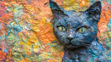 Artistic cat sculpture crafted from newspaper folds, vivid abstract backdrop, sharp textures, deep contrast, highly detailed close-up portraitの素材