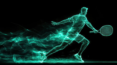 Badminton player silhouette with glowing motion blur, neon energy bursts, racket strike captured in electric streaks, black backgroundの素材