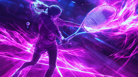 Badminton player smashing the shuttle, vibrant neon lighting, glowing edges, light trails, dark abstract background, ultra-detailedの素材