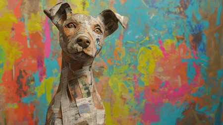 Close-up of a newspaper dog sculpture, rich in texture and detail, set against a lively abstract background bursting with colorsの素材