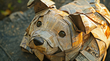 Close-up of a folded newspaper dog sculpture, dynamic abstract background, intense colors, hyper-realistic lighting, detailed texturesの素材