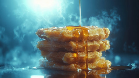 Crisp 4-waffle stack, syrup flowing gracefully, delicate butter melting, hyper-detailed textures, dramatic side lighting, dark moody backdropの素材