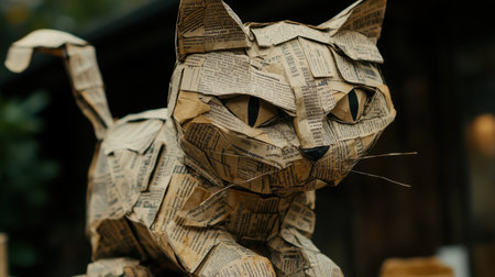 Close-up of a cat sculpture crafted from folded newspaper, vibrant abstract backdrop, deep lighting contrast, striking texturesの素材