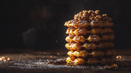 Crispy waffle stack, four layers high, warm syrup cascading, rich shadows, ray-traced highlights, deep contrast, dark moody sceneの素材