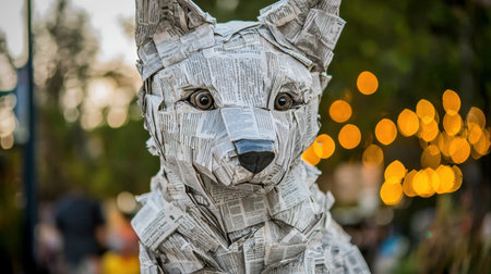 Close-up of a folded newspaper dog sculpture, dynamic abstract background, intense colors, hyper-realistic lighting, detailed texturesの素材