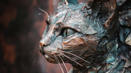 Close-up cat sculpture folded from newspaper, sharp detailed textures, vivid abstract backdrop, powerful artistic lighting, photorealisticの素材