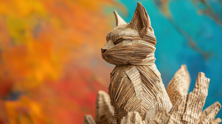 Close-up portrait of a cat sculpture crafted from folded newspaper, set against a vivid abstract background, rich colors, ultra-realistic, highly detailedの素材