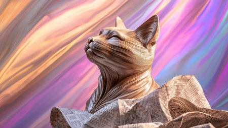 Close-up of a folded newspaper cat sculpture, set against a dazzling abstract background, rich colors, artistic realism,の素材