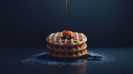 Crispy stacked waffles, syrup drizzling from top, rich buttery textures, deep dramatic shadows, ultra-detailed realism, dark moody backgroundの素材