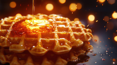 Crispy stacked waffles, syrup drizzling from top, rich buttery textures, deep dramatic shadows, ultra-detailed realism, dark moody backgroundの素材