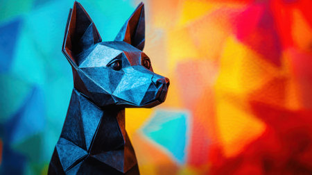 Close-up portrait of a paper-folded dog sculpture, ultra-detailed textures, vivid colors in abstract background, realistic lightingの素材