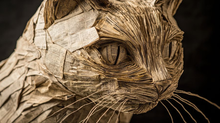 Close-up of a cat sculpture crafted from folded newspaper, vibrant abstract backdrop, deep lighting contrast, striking texturesの素材