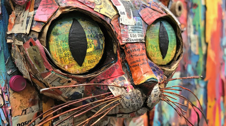 Close-up of a newspaper cat sculpture, rich in texture and detail, set against a lively abstract background bursting with colorsの素材