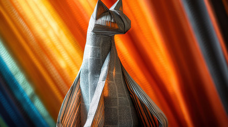 Close-up of a cat sculpture crafted from folded newspaper, vibrant abstract backdrop, deep lighting contrast, striking texturesの素材
